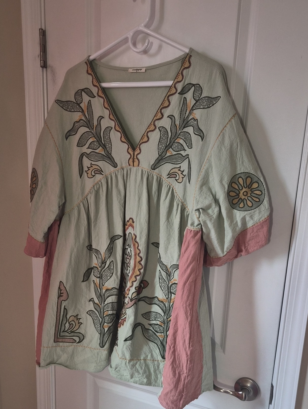 Sunday Embroidered V-Neck Mini Dress in Sage Green and Dusty Pink